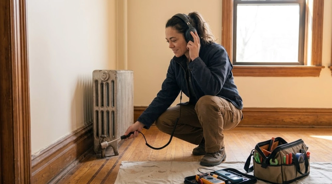 Plumber using acoustic leak detection equipment to locate a hidden pipe leak behind an apartment wall